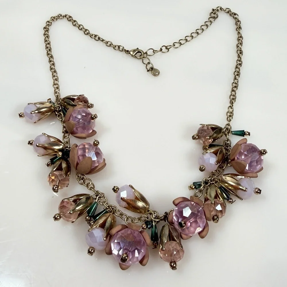 Pink Flower Necklace Glass Dangle Charm Statement Fairycore Adjust 17